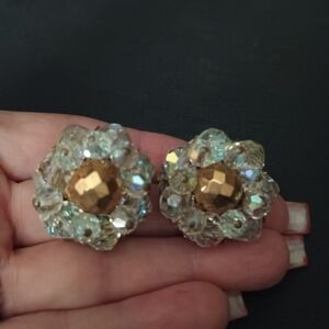 Vintage Aurora Borealis  Crystal Earrings Clip On